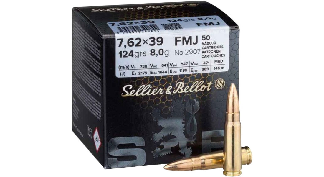 Патрон Sellier & Bellot кал. 7,62x39 пуля FMJ масса 8,0 г/ 124 гр
