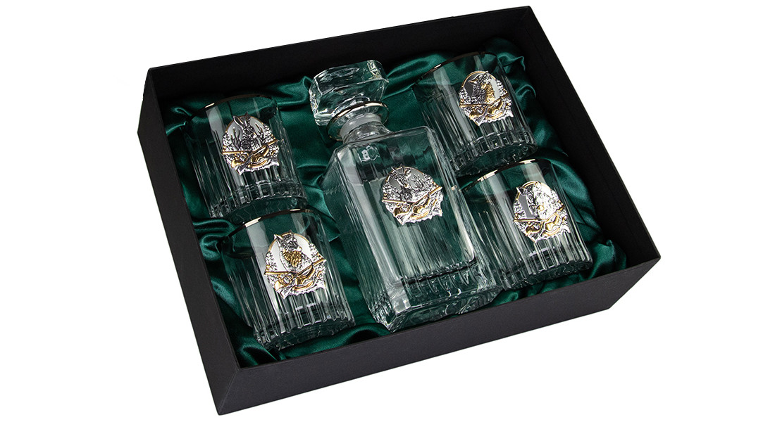 Набор для виски “Охота” графин, 4 бокала, платина, серебро, золото, хрусталь